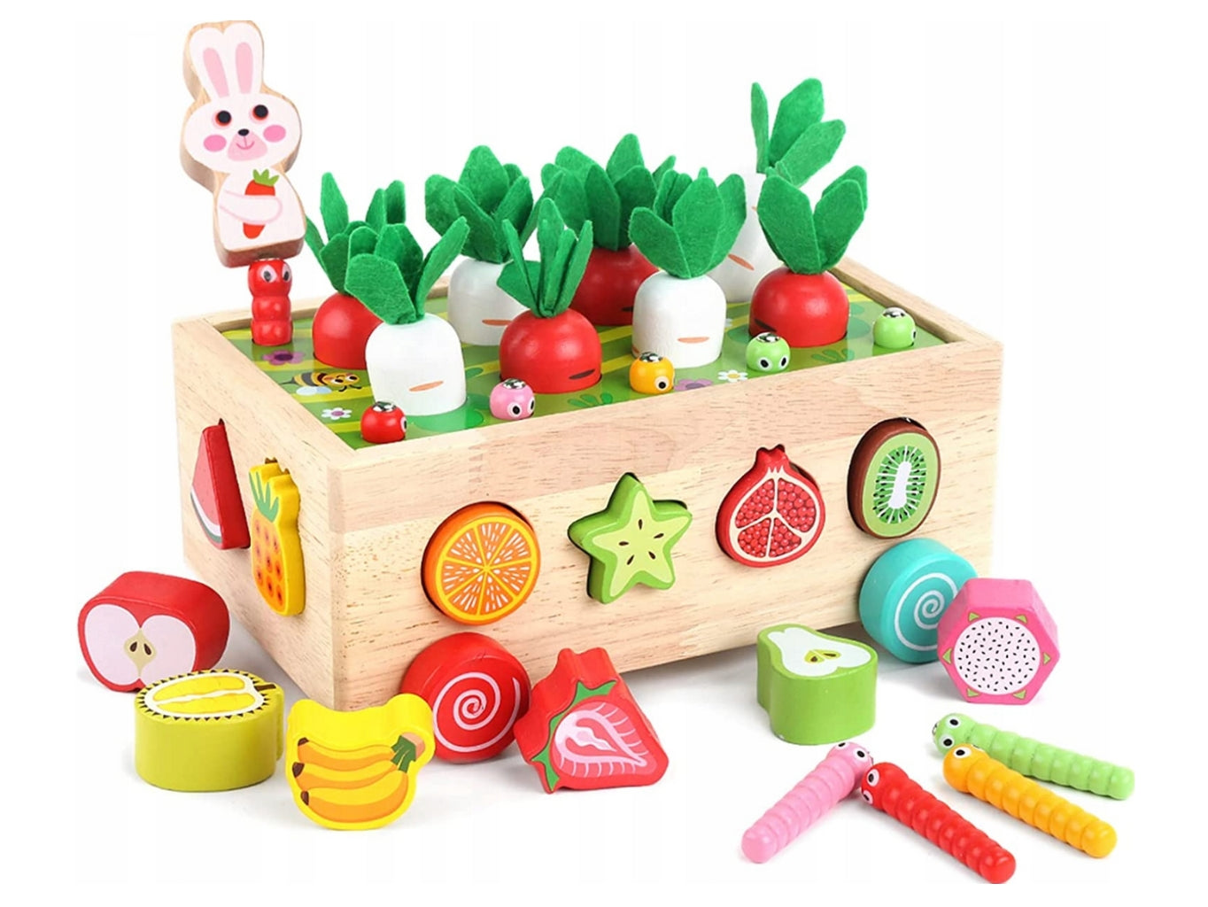 Dřevěná motorická hračka s mrkvičkami, červíky a magnetickým zajíčkem