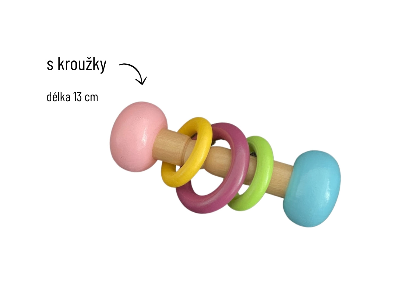 Chrastítko ze dřeva s kroužky v pastelových barvách