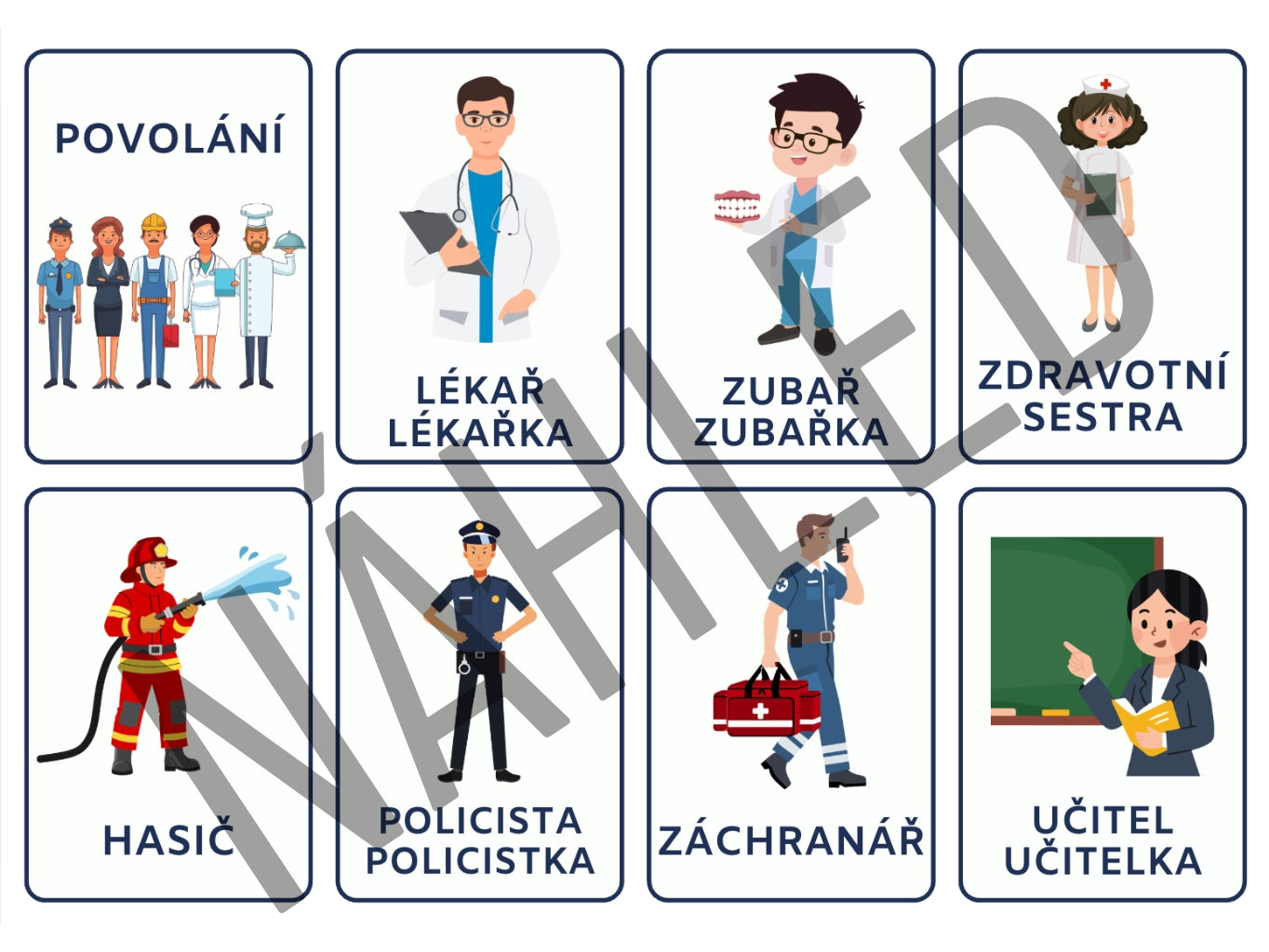 Ilustrované kartičky s povoláními pro děti – lékař, hasič, učitelka