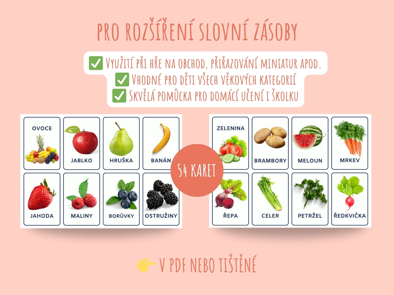 Výukové kartičky ovoce a zeleniny pro děti – reálné fotografie potravin