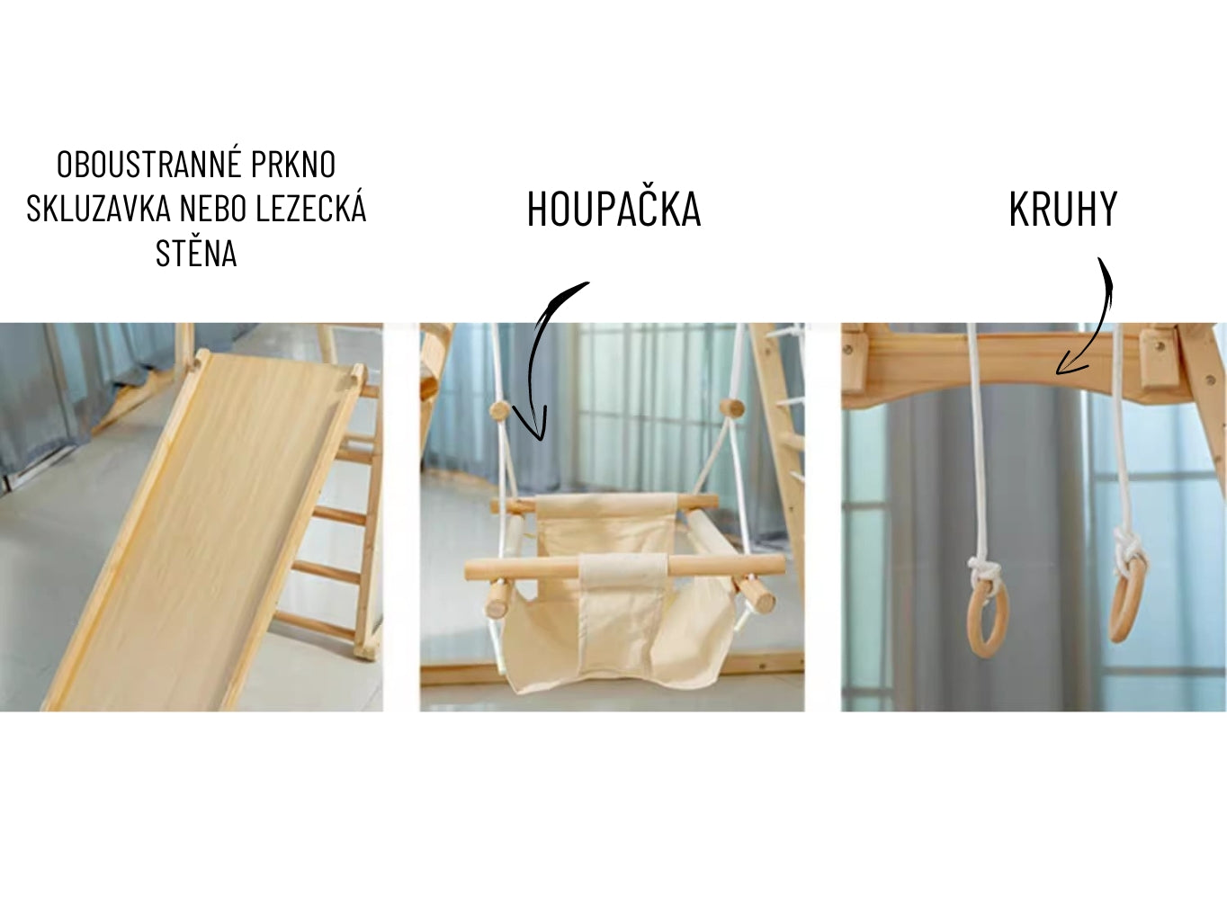 Lezecká stěna, houpačka a prolézačka v jednom – dřevěné hřiště 5v1