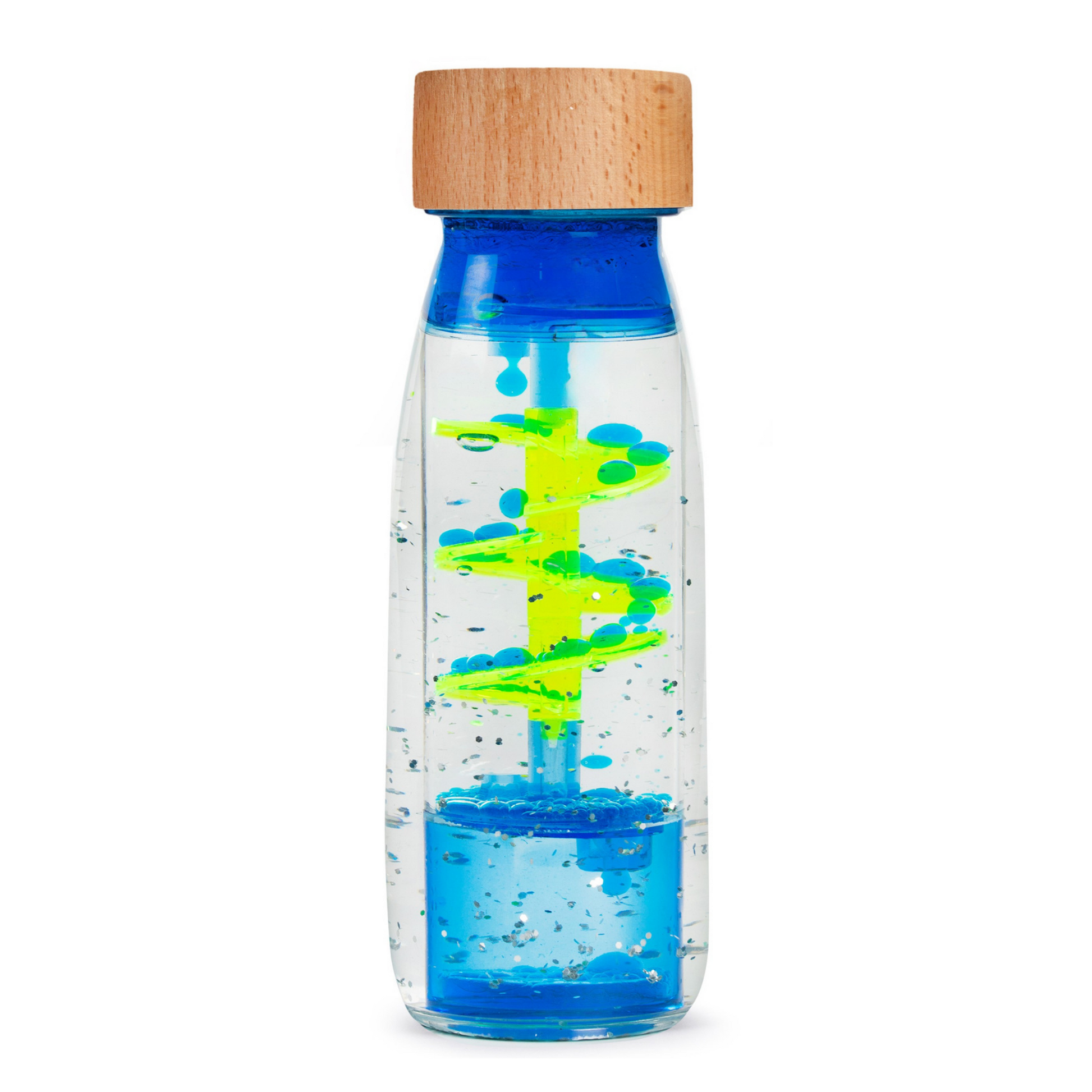 Modrá senzorická lahvička Petit Boum MOVE Spiral Blue s kapkami a spirálou