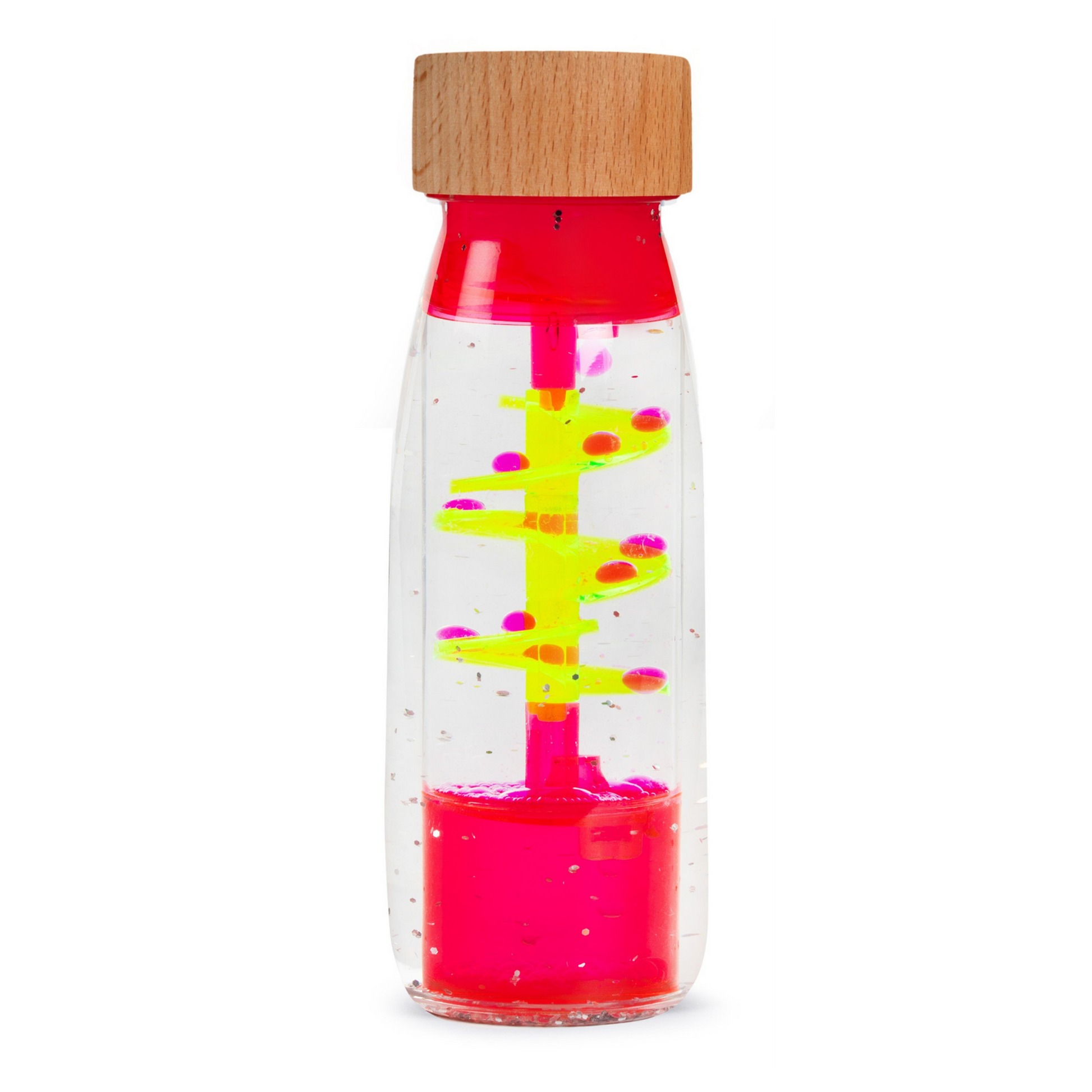 Růžová senzorická lahvička Petit Boum MOVE Spiral Pink s kapkami a spirálou
