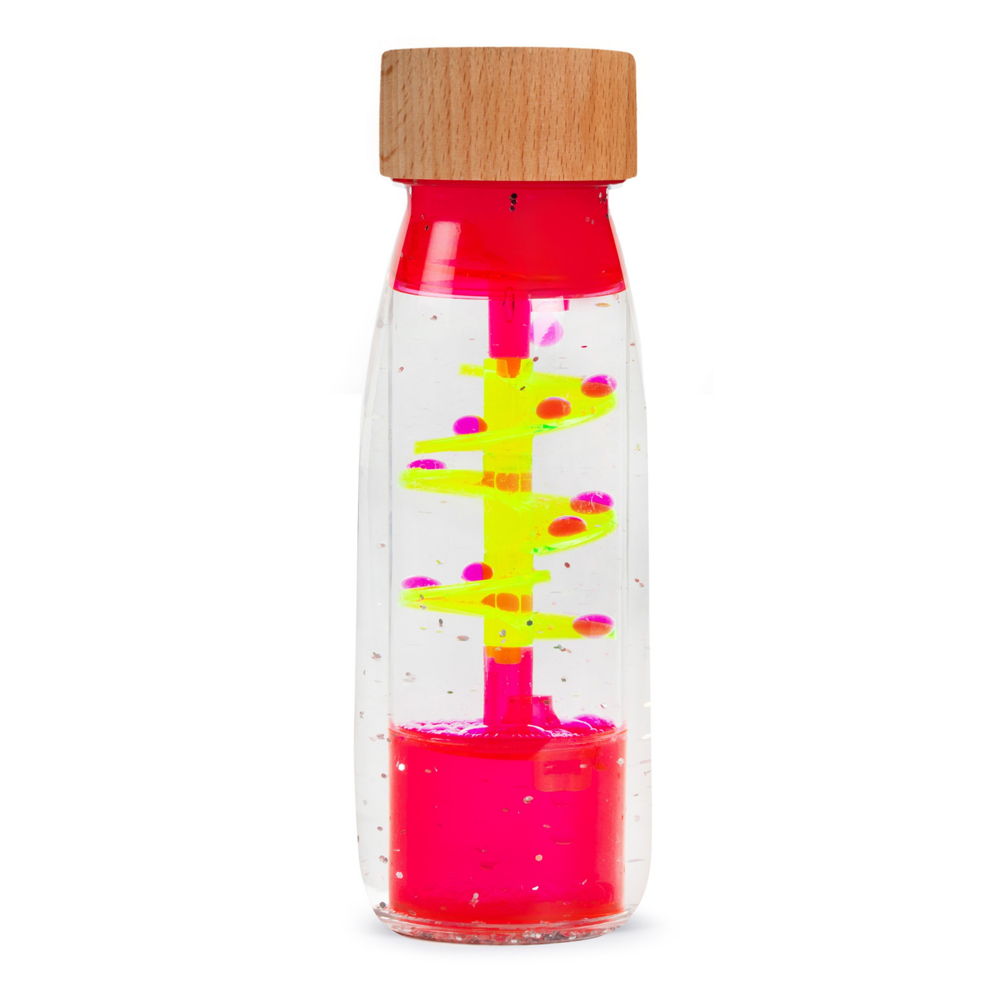 Růžová senzorická lahvička Petit Boum MOVE Spiral Pink s kapkami a spirálou