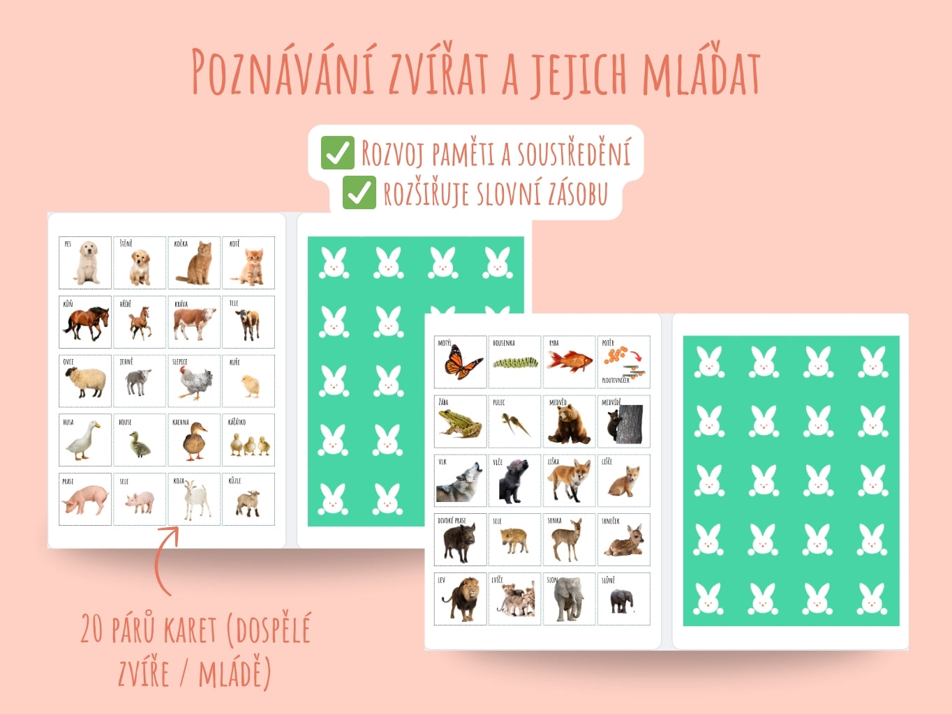 Pexeso se zvířaty a jejich mláďaty pro děti, vzdělávací hra na paměť a poznávání světa zvířat