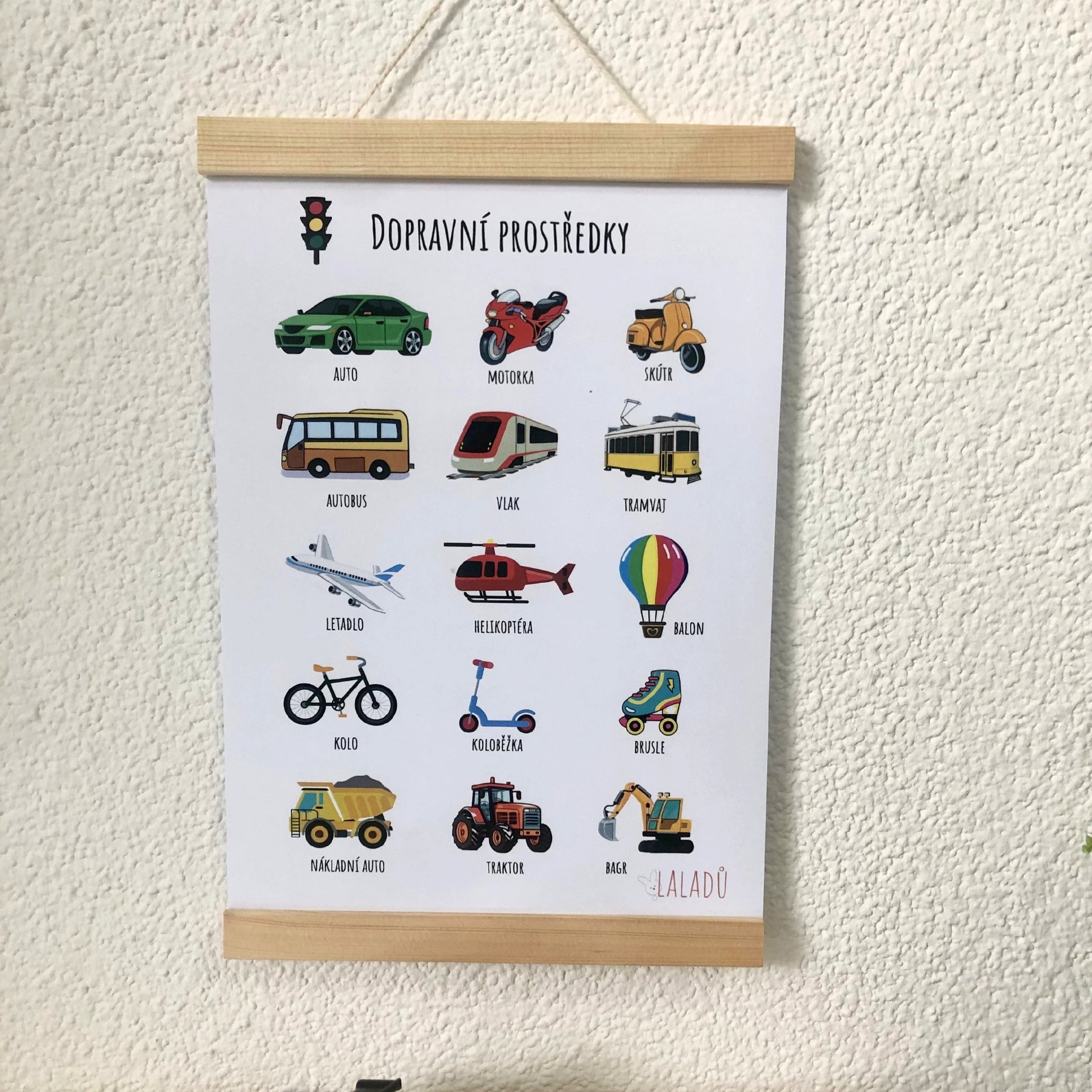 Dětský vzdělávací plakát Dopravní prostředky A4 s obrázky a českými názvy