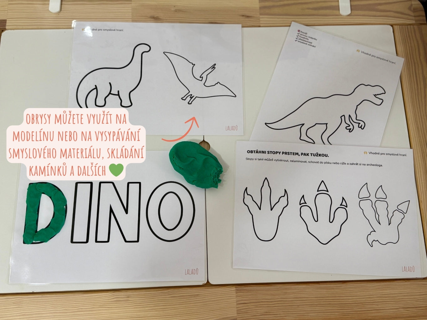siluety dinosaurů a stopy dinosaura na vysypávání a smyslové aktivity pro děti